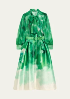 Rickie Freeman for Teri JonPleated Tie-Neck Mixed Media Midi Shirtdress