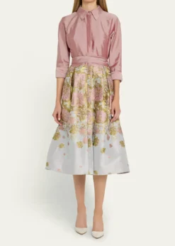 Rickie Freeman for Teri JonPleated Floral Jacquard Midi Shirtdress