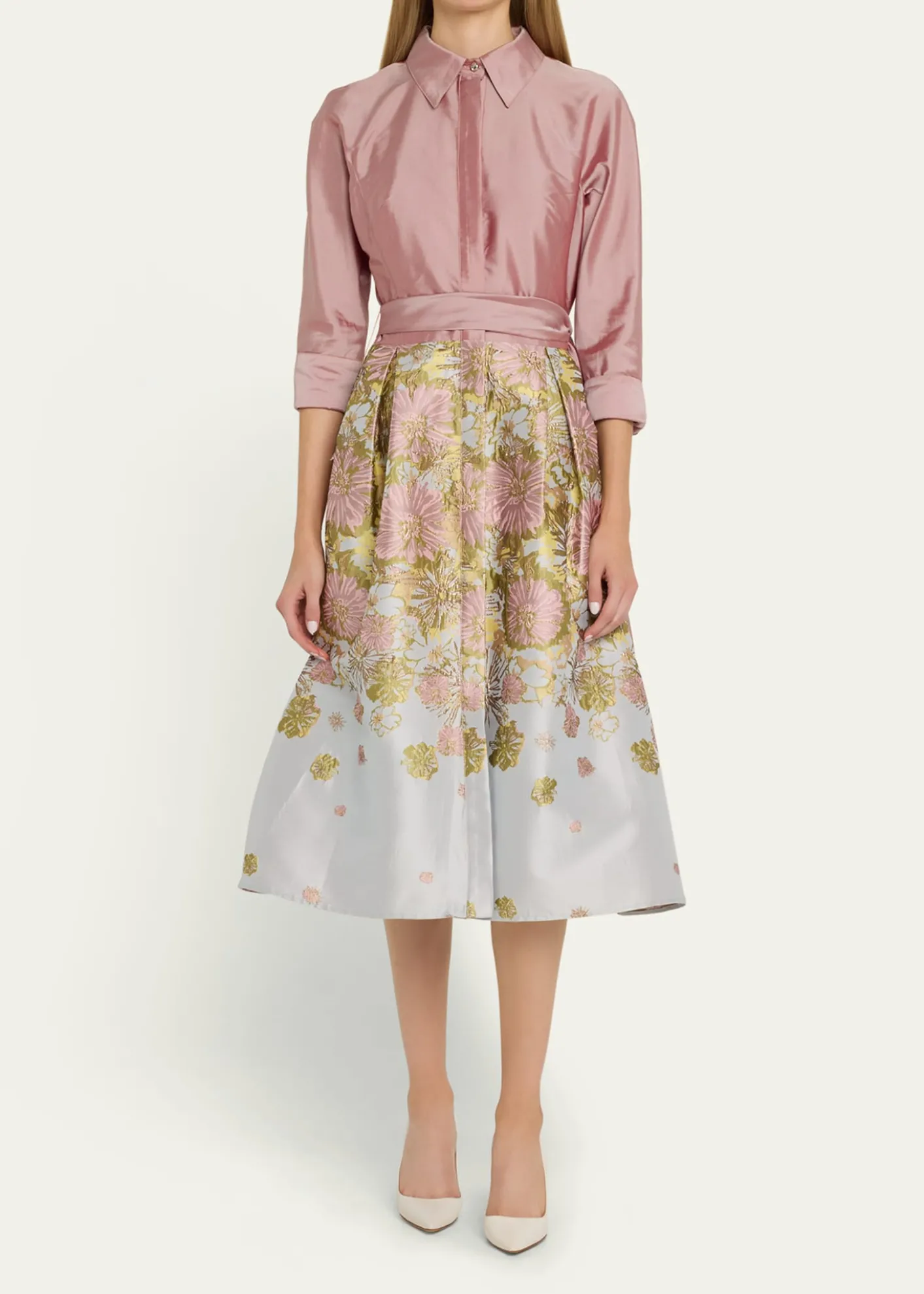 Rickie Freeman for Teri JonPleated Floral Jacquard Midi Shirtdress
