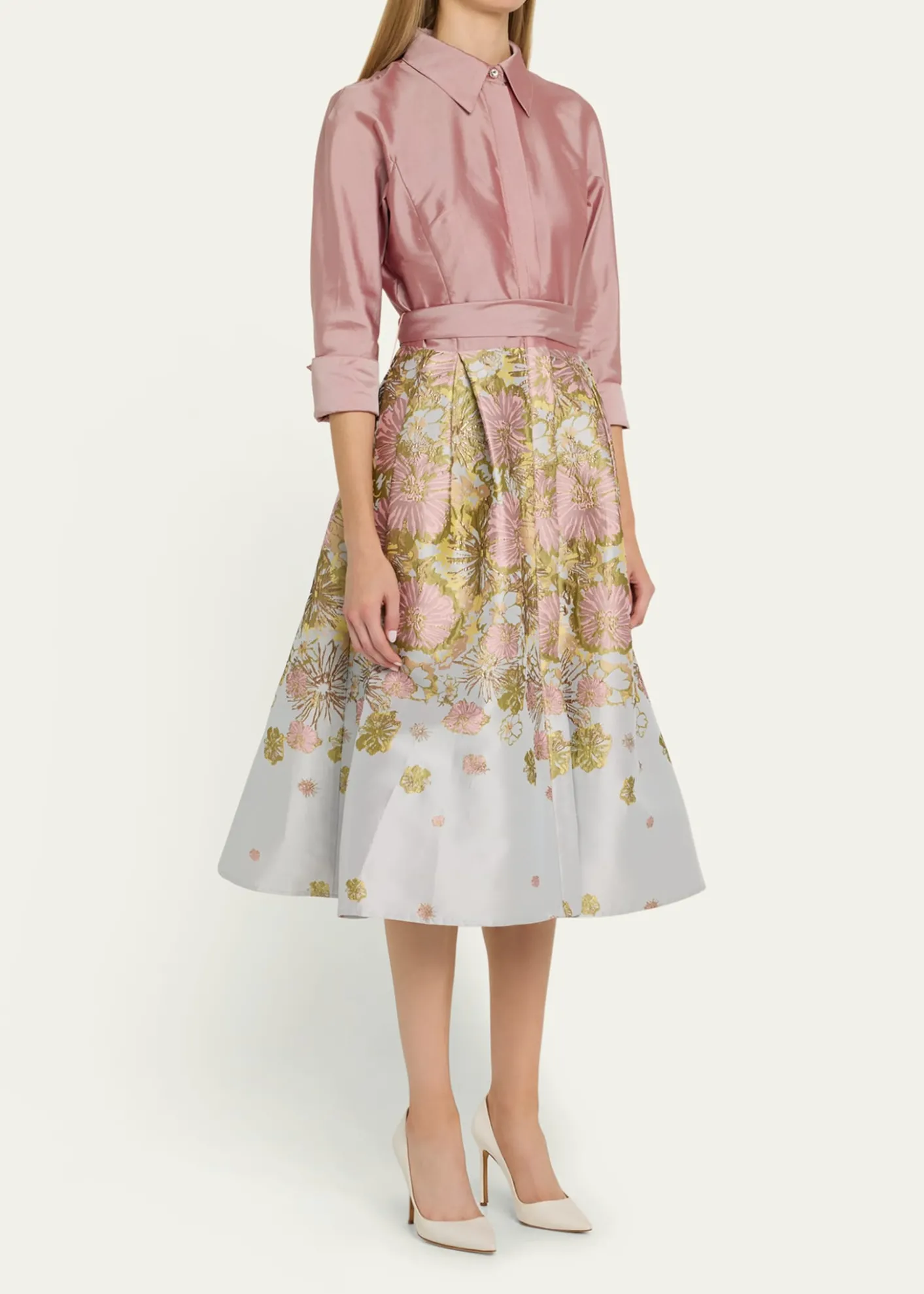 Rickie Freeman for Teri JonPleated Floral Jacquard Midi Shirtdress