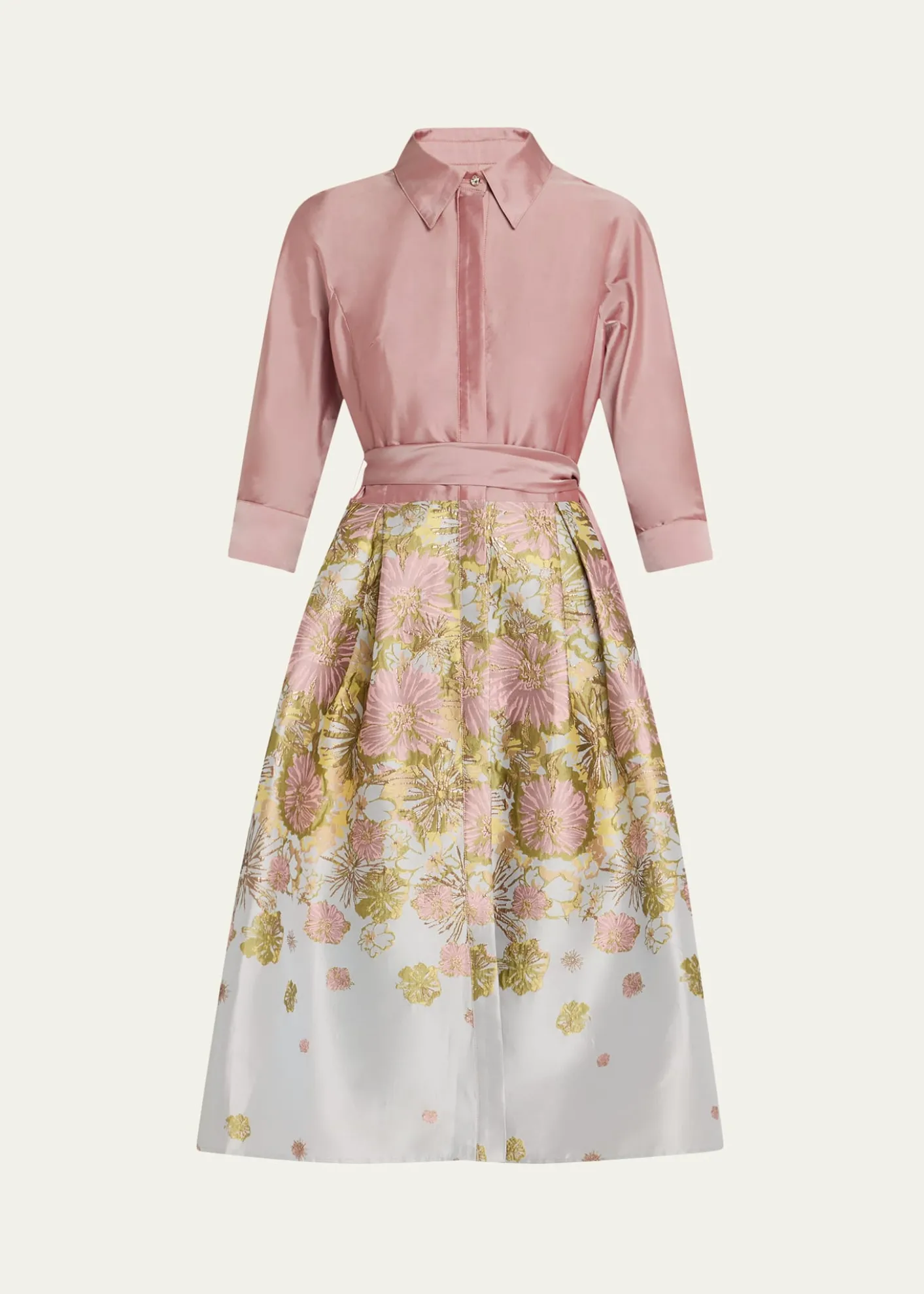 Rickie Freeman for Teri JonPleated Floral Jacquard Midi Shirtdress
