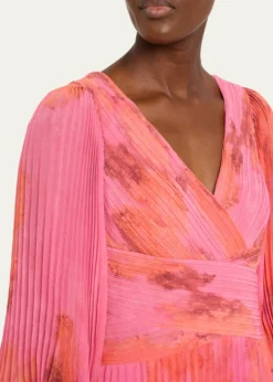 Rickie Freeman for Teri JonPleated Abstract-Print Chiffon Midi Dress