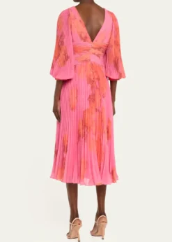 Rickie Freeman for Teri JonPleated Abstract-Print Chiffon Midi Dress