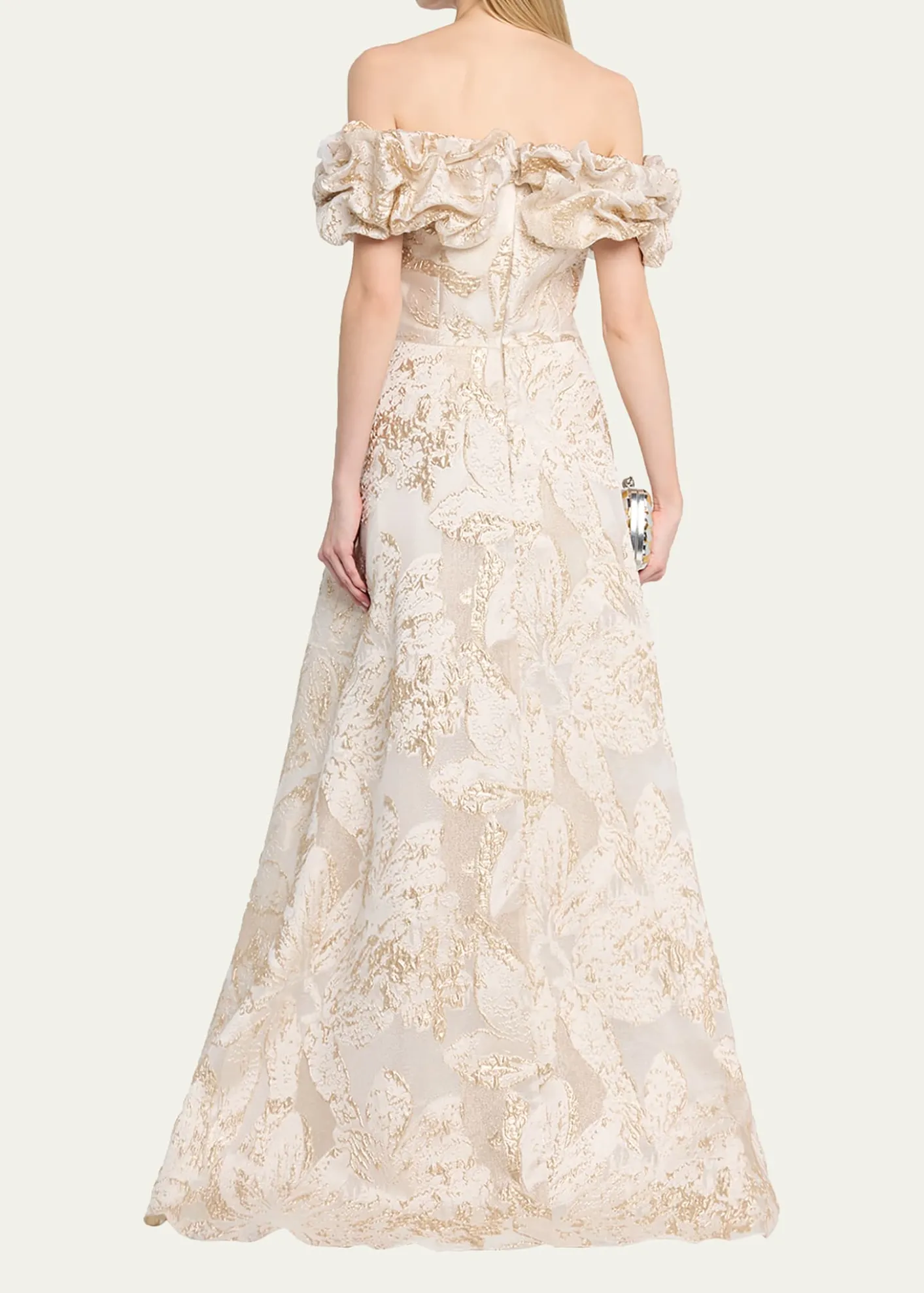 Rickie Freeman for Teri JonRuffled Off-Shoulder Metallic Jacquard Gown