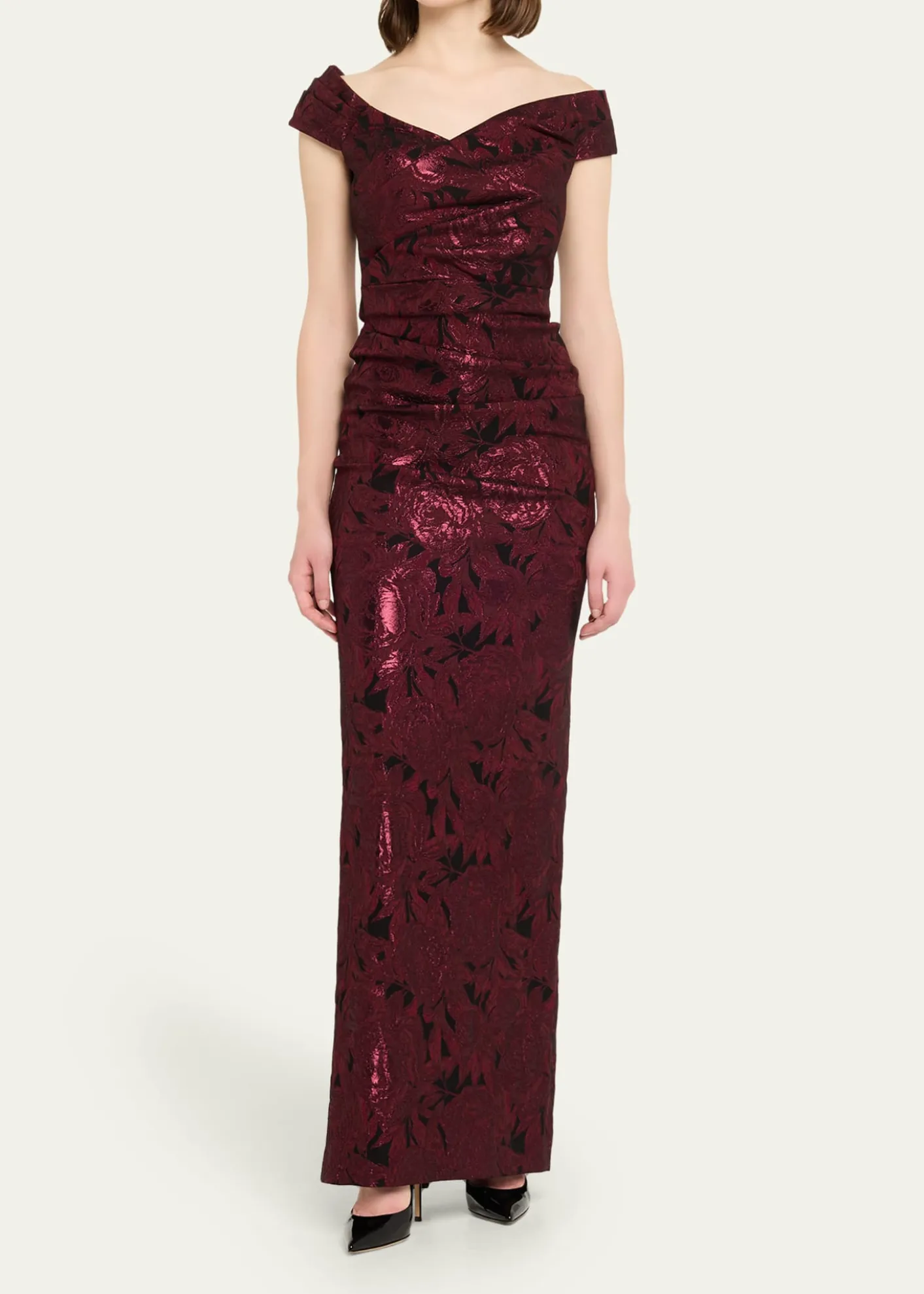 Rickie Freeman for Teri JonRuched Metallic Floral Jacquard Column Gown