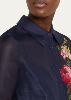 Rickie Freeman for Teri JonSilken Linen Floral-Print Shirtdress