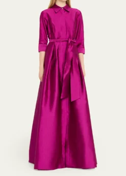 Rickie Freeman for Teri Jon3/4-Sleeve Taffeta Shirtdress Gown