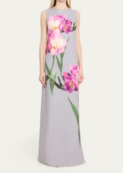 Rickie Freeman for Teri JonSleeveless Floral-Print Scuba Column Gown