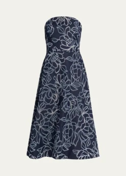 Rickie Freeman for Teri JonStrapless Floral Burnout Denim Midi Dress