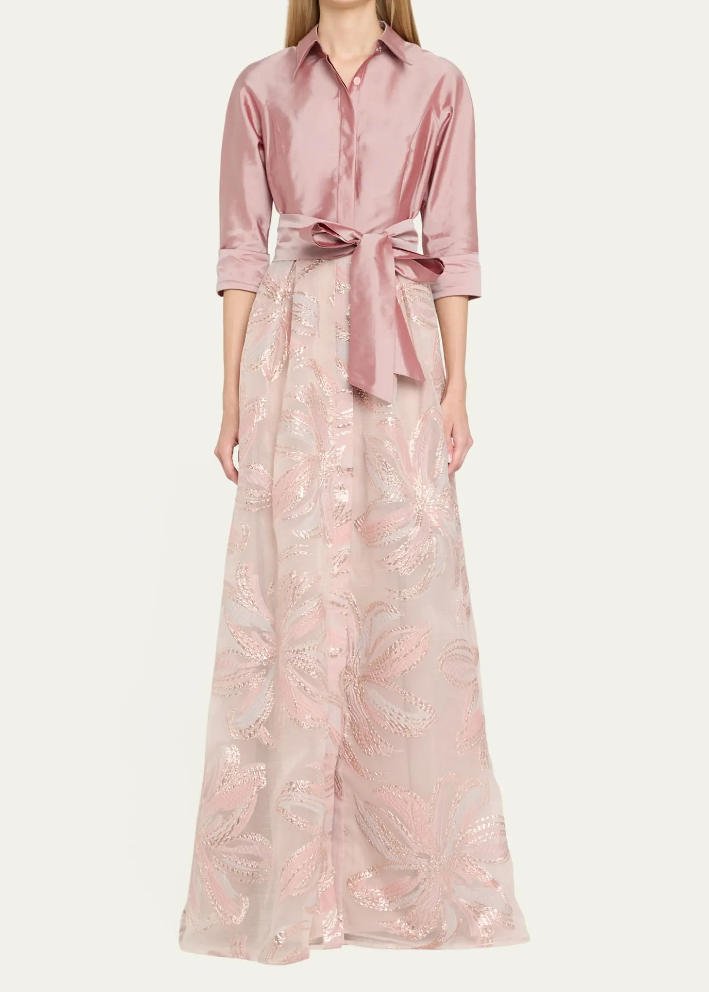 Rickie Freeman for Teri JonTaffeta & Floral Jacquard Shirt Gown