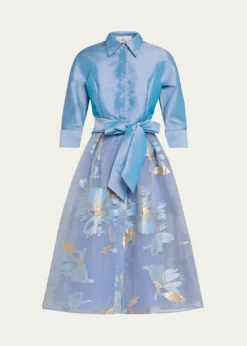 Rickie Freeman for Teri JonTaffeta & Floral Organza Midi Shirtdress