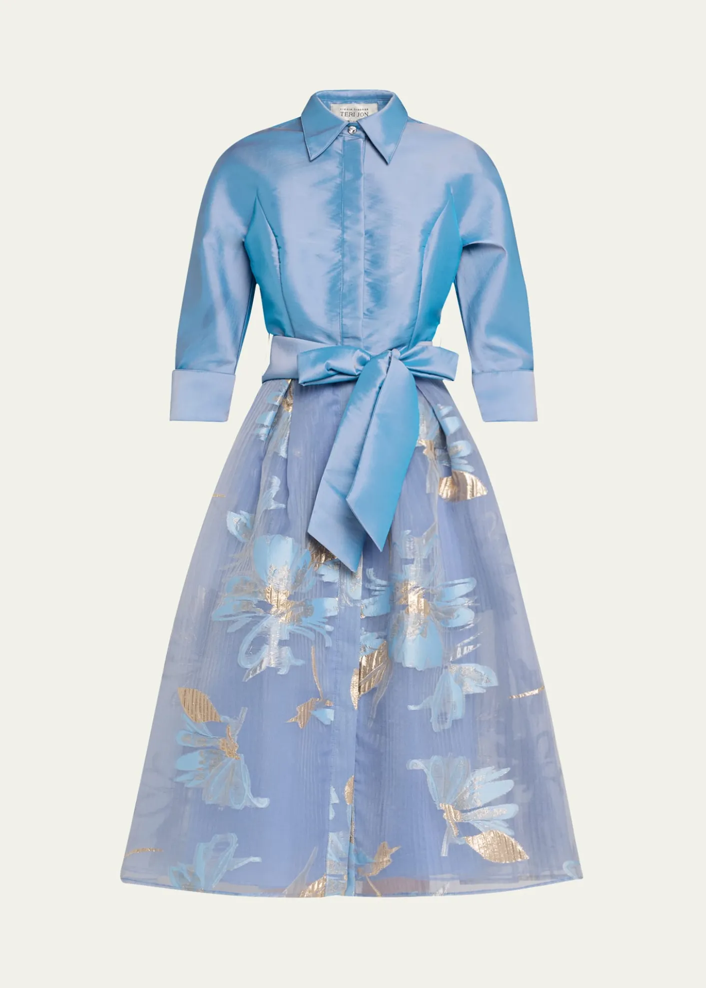 Rickie Freeman for Teri JonTaffeta & Floral Organza Midi Shirtdress