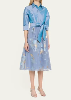 Rickie Freeman for Teri JonTaffeta & Floral Organza Midi Shirtdress