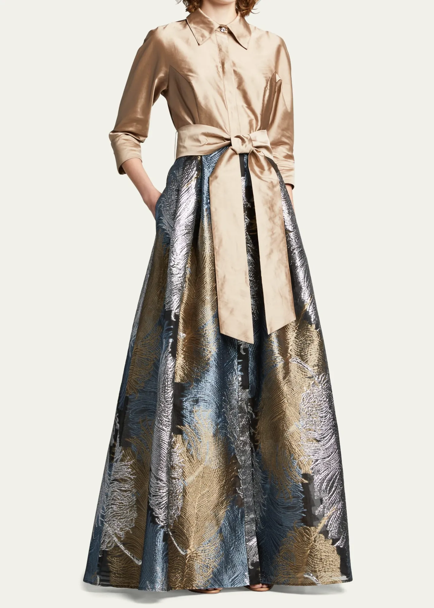 Rickie Freeman for Teri JonTaffeta Shirtdress w/ Feather Metallic Jacquard