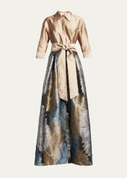 Rickie Freeman for Teri JonTaffeta Shirtdress w/ Feather Metallic Jacquard