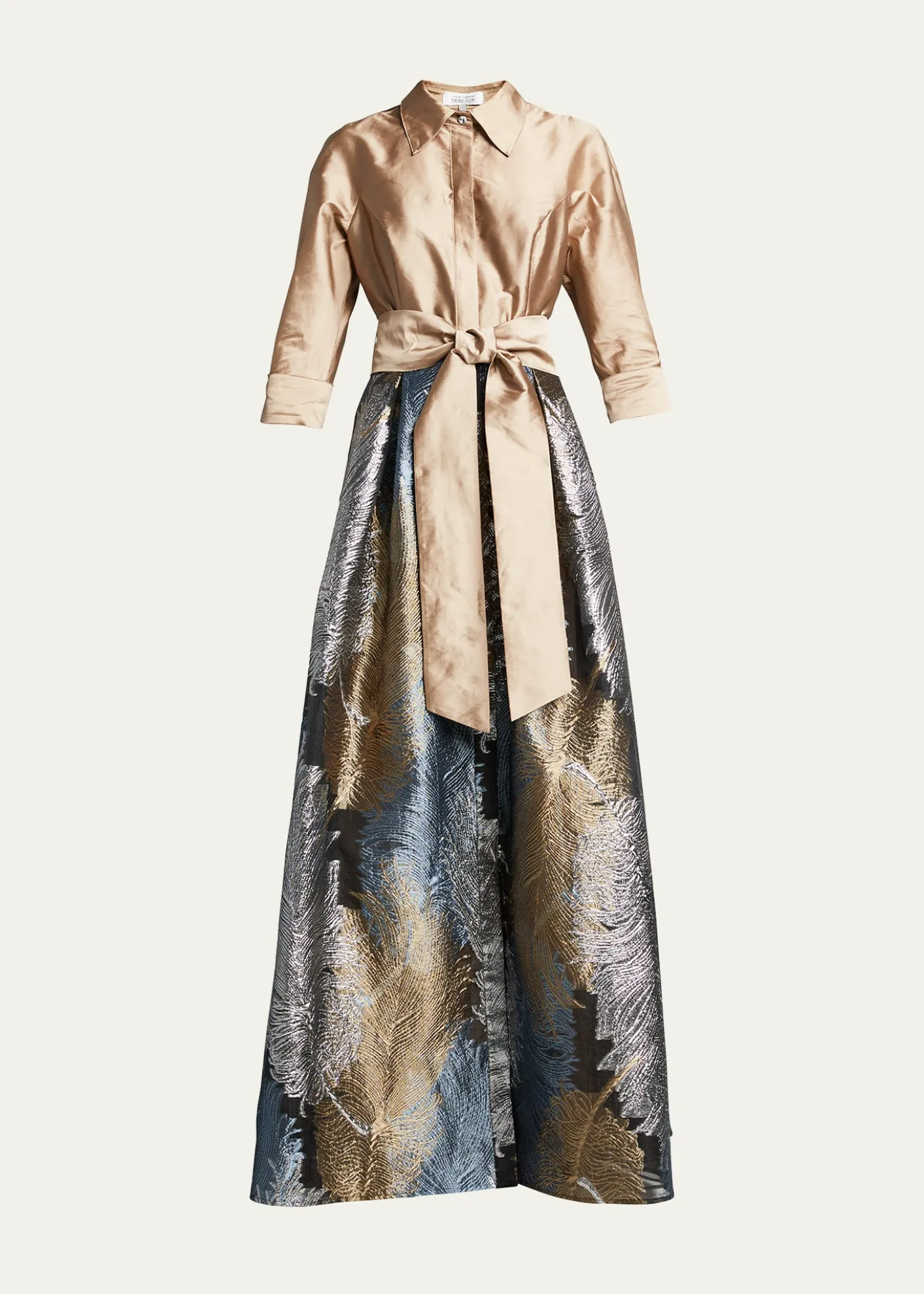 Rickie Freeman for Teri JonTaffeta Shirtdress w/ Feather Metallic Jacquard