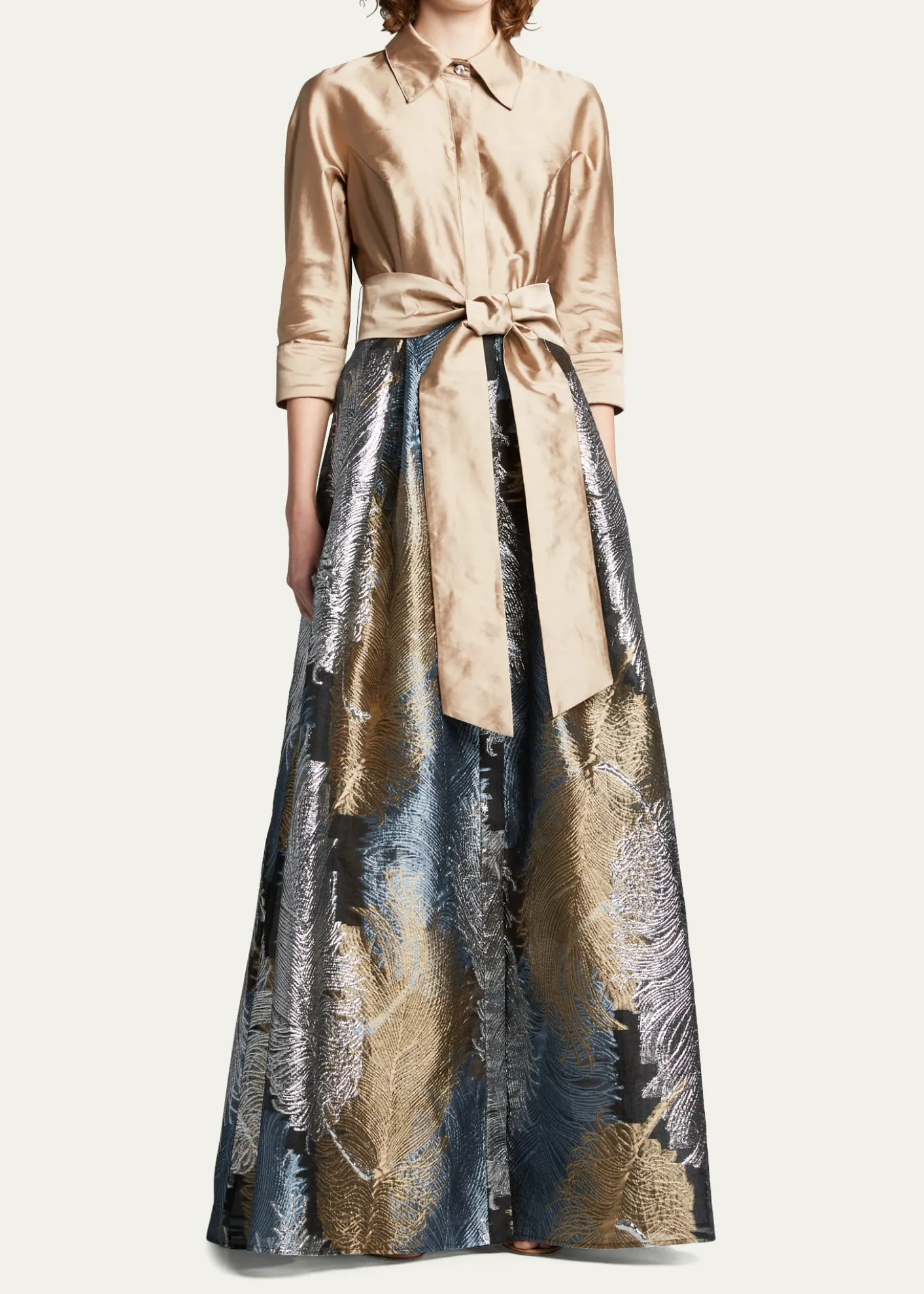 Rickie Freeman for Teri JonTaffeta Shirtdress w/ Feather Metallic Jacquard