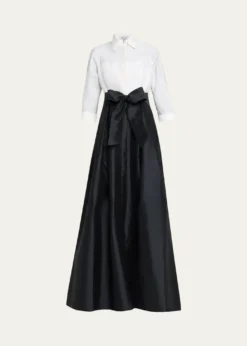 Rickie Freeman for Teri JonTwo-Tone 3/4-Sleeve Taffeta Shirtdress Gown