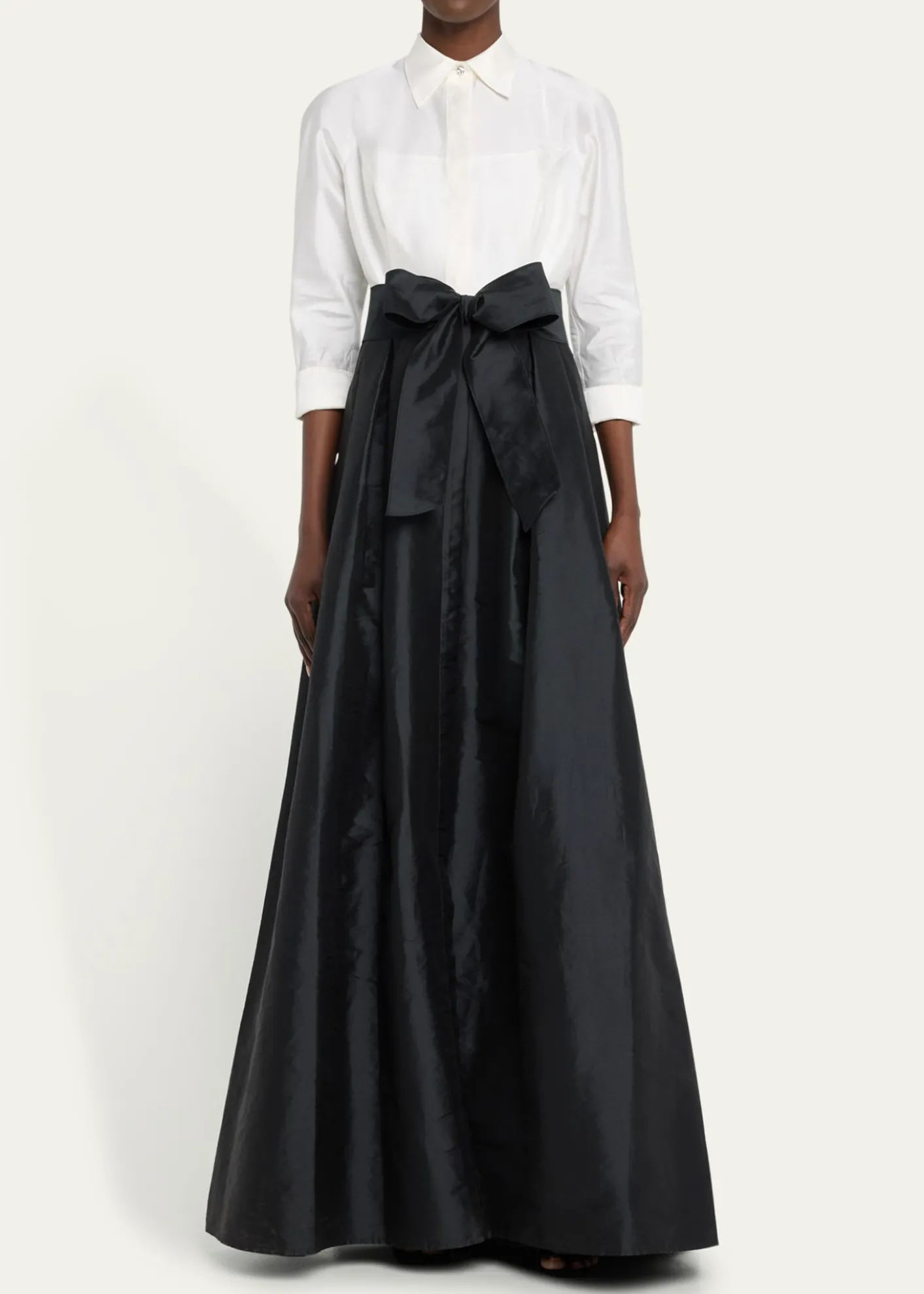 Rickie Freeman for Teri JonTwo-Tone 3/4-Sleeve Taffeta Shirtdress Gown