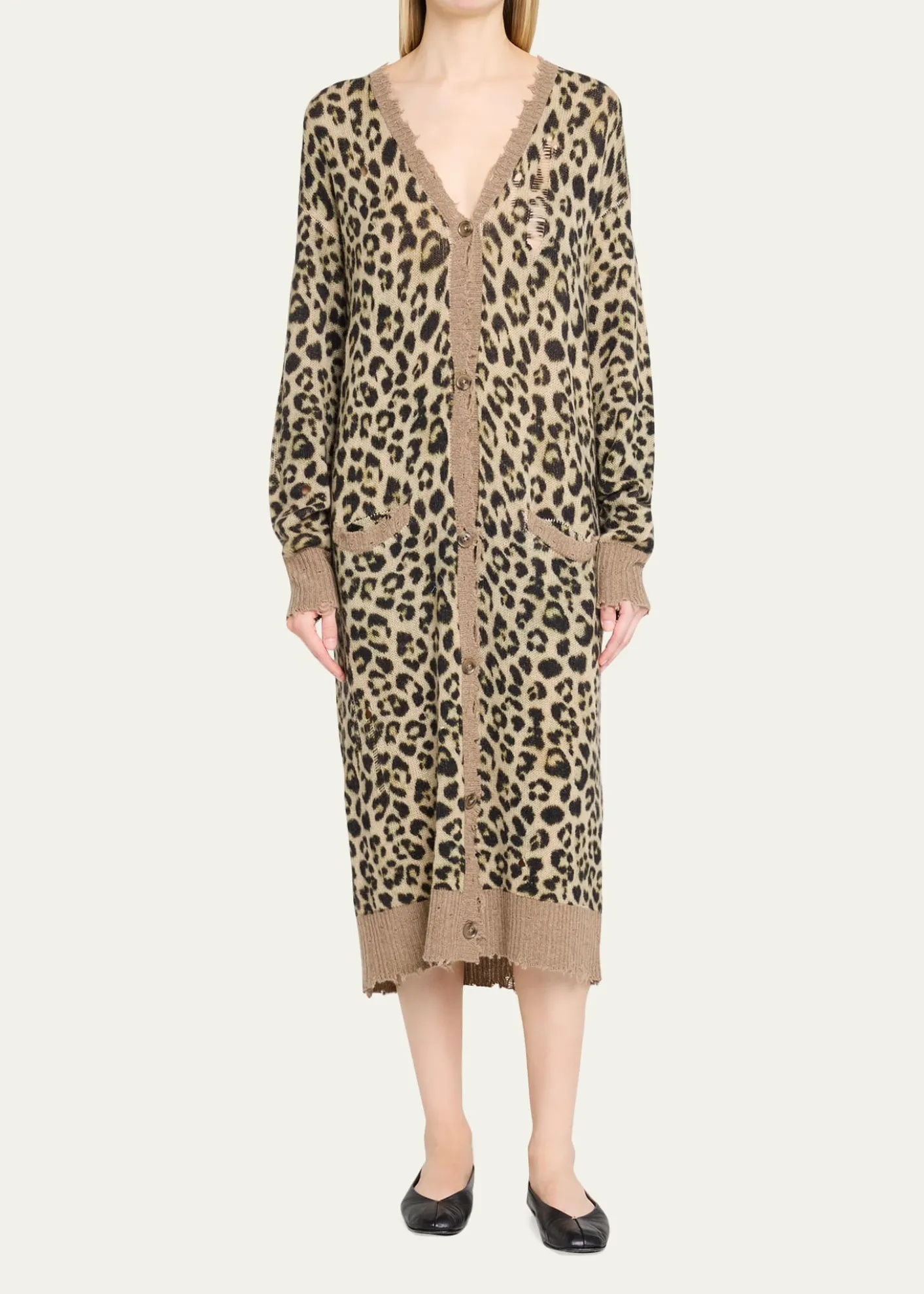 R13Leopard-Print Long Cashmere Cardigan