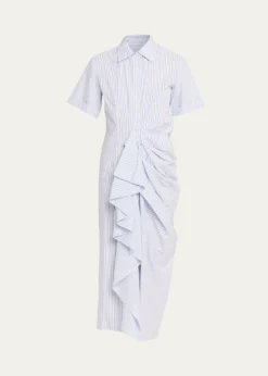 Rosie AssoulinGathered Ruffle Striped Cotton Midi Shirtdress