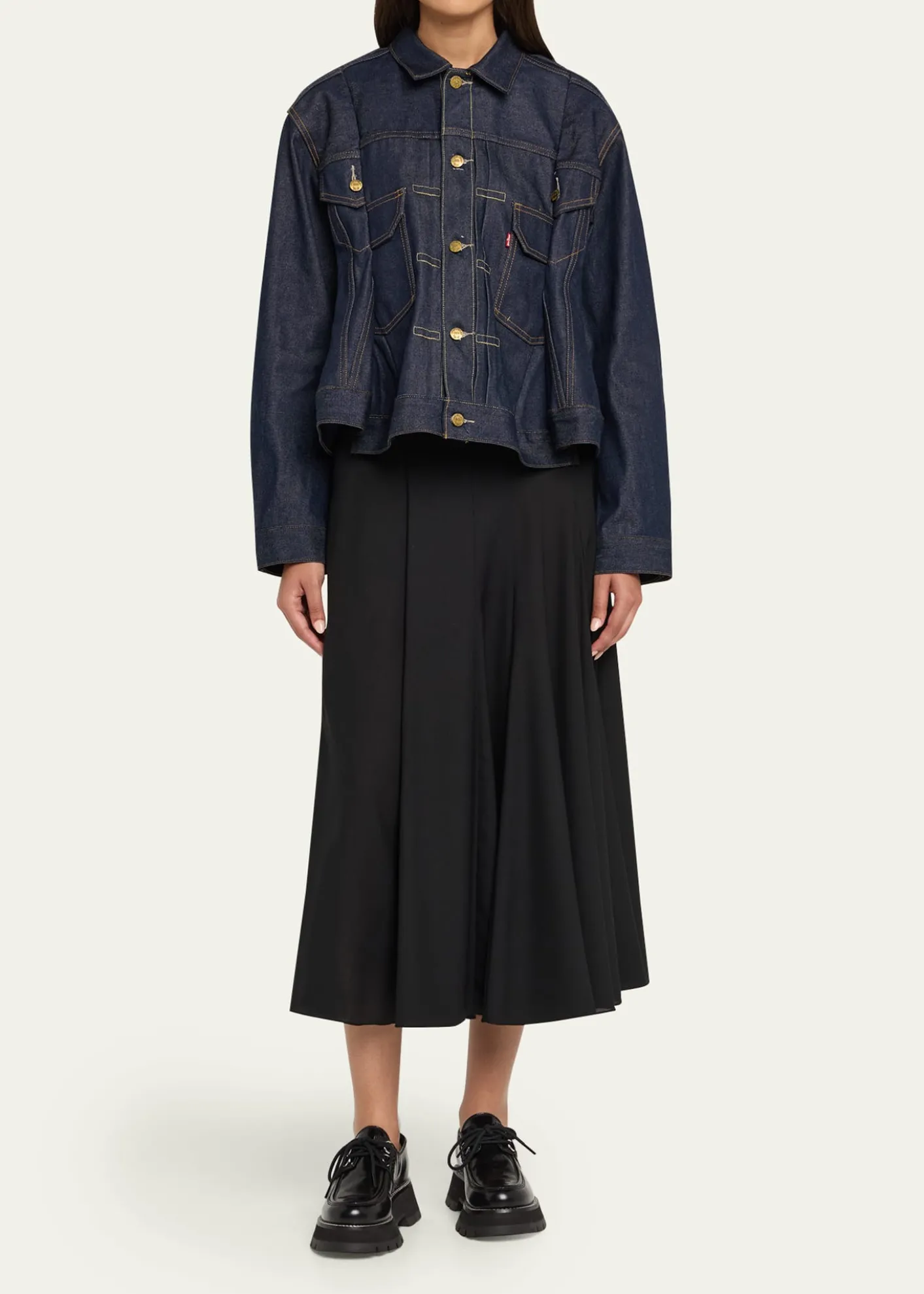 SACAIDenim Pleated Trucker Jacket