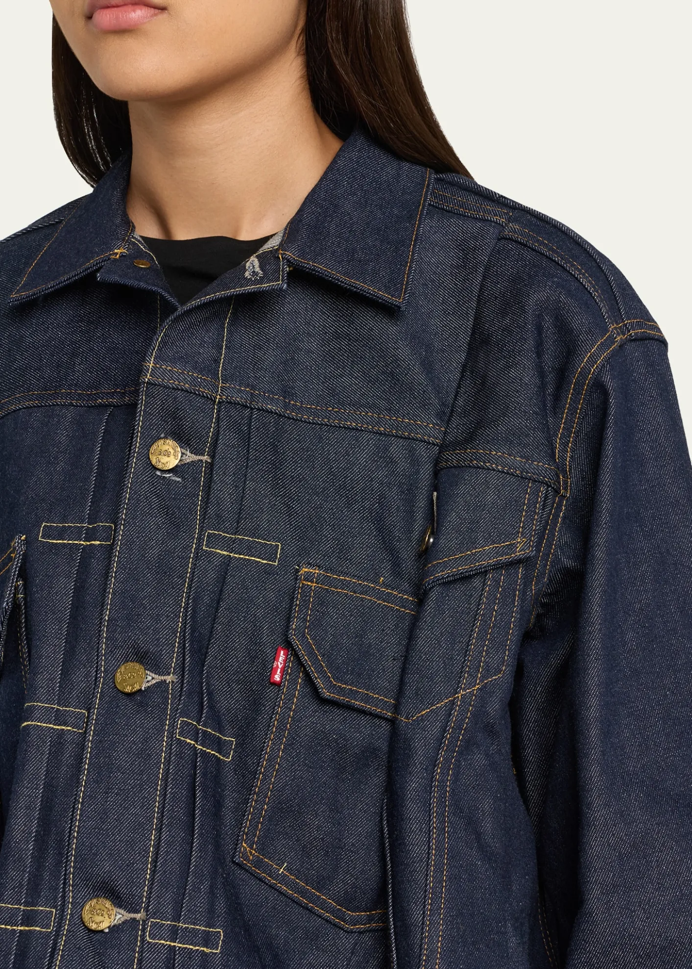 SACAIDenim Pleated Trucker Jacket