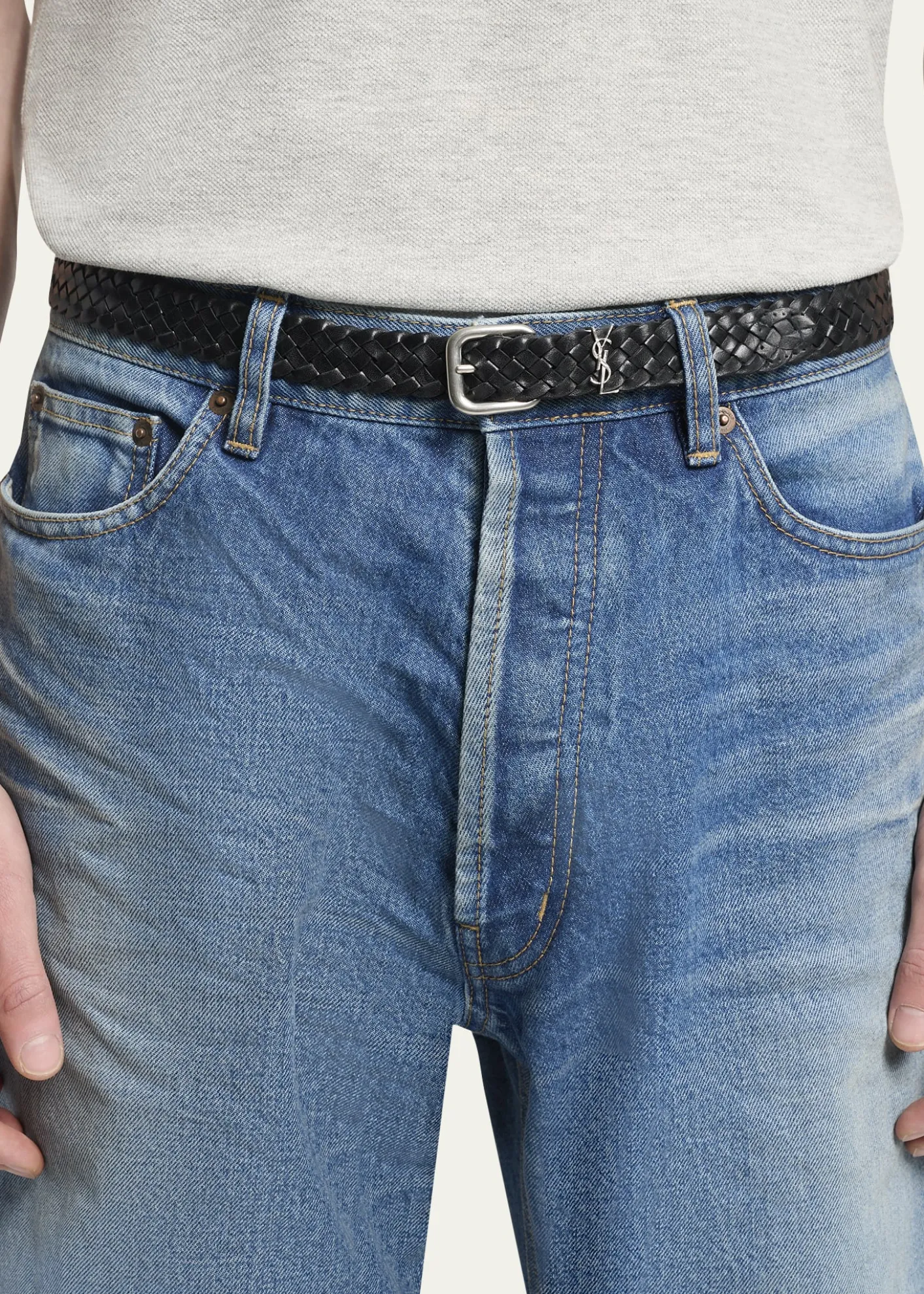 Saint LaurentMen's Cassandre YSL Woven Leather Belt