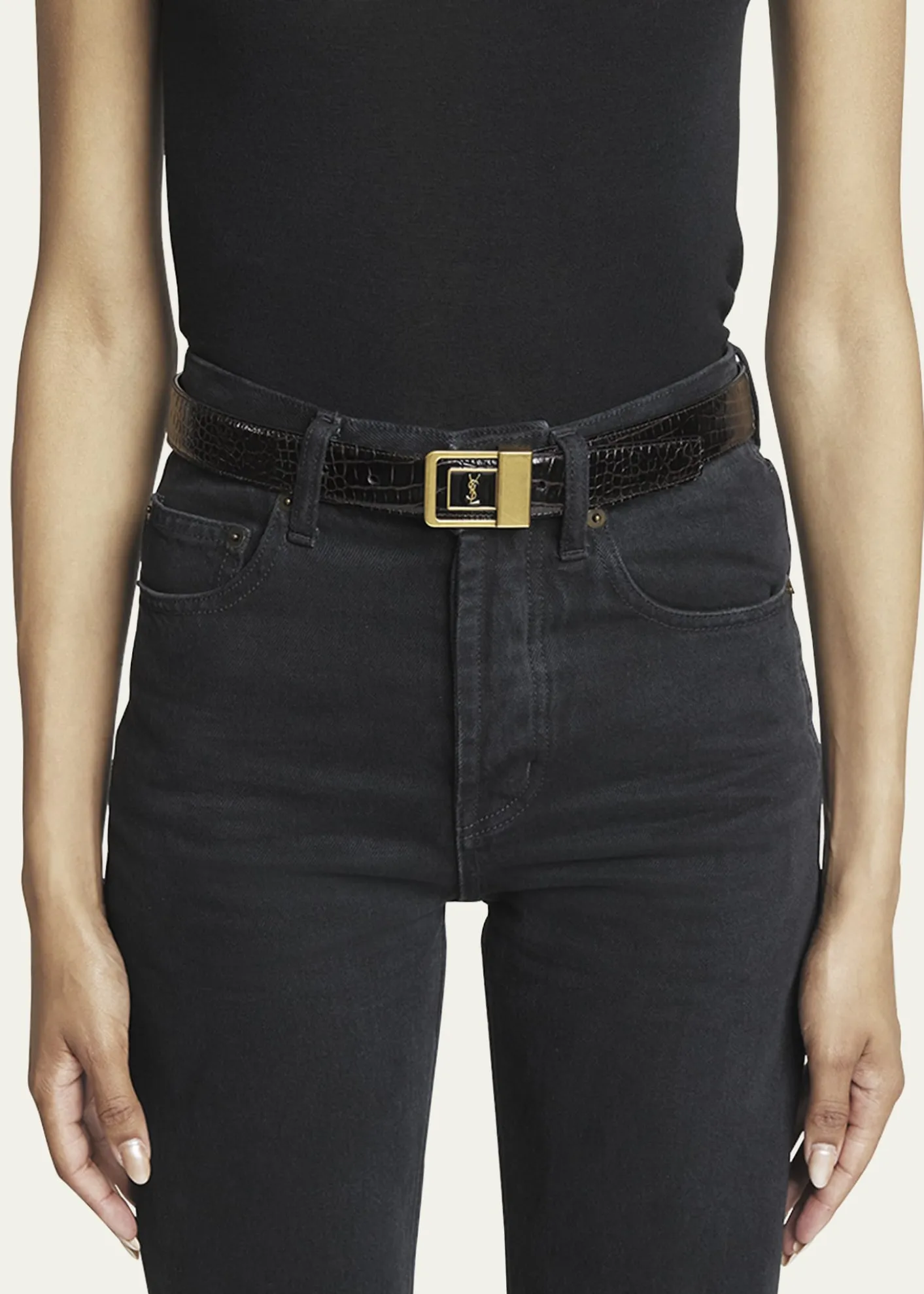 Saint LaurentCroc-Embossed Leather Square Buckle Belt