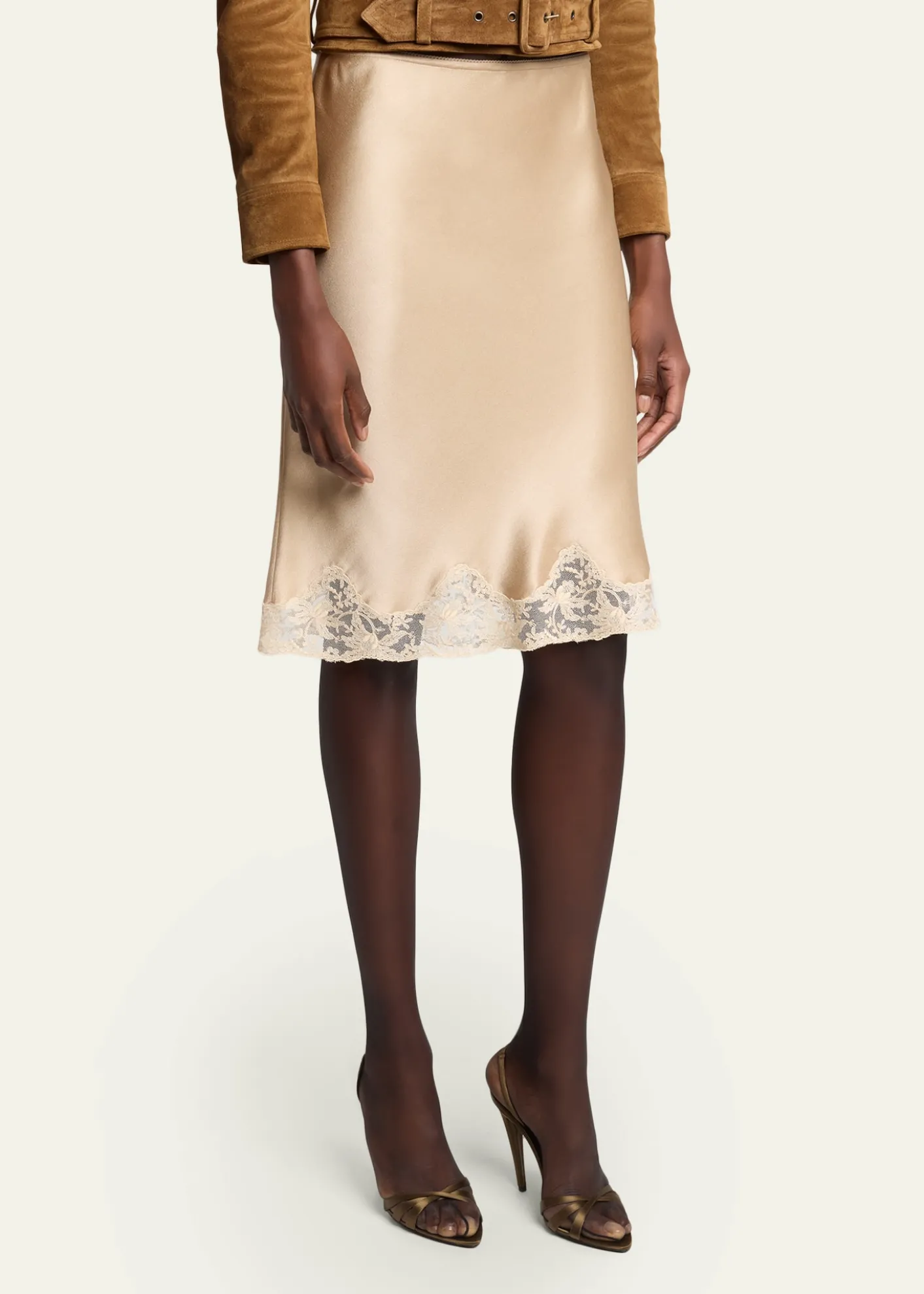 Saint LaurentLace-Trim Satin Knee-Length Skirt