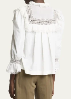 Saint LaurentLace-Yoke Ruffle Poplin Blouse