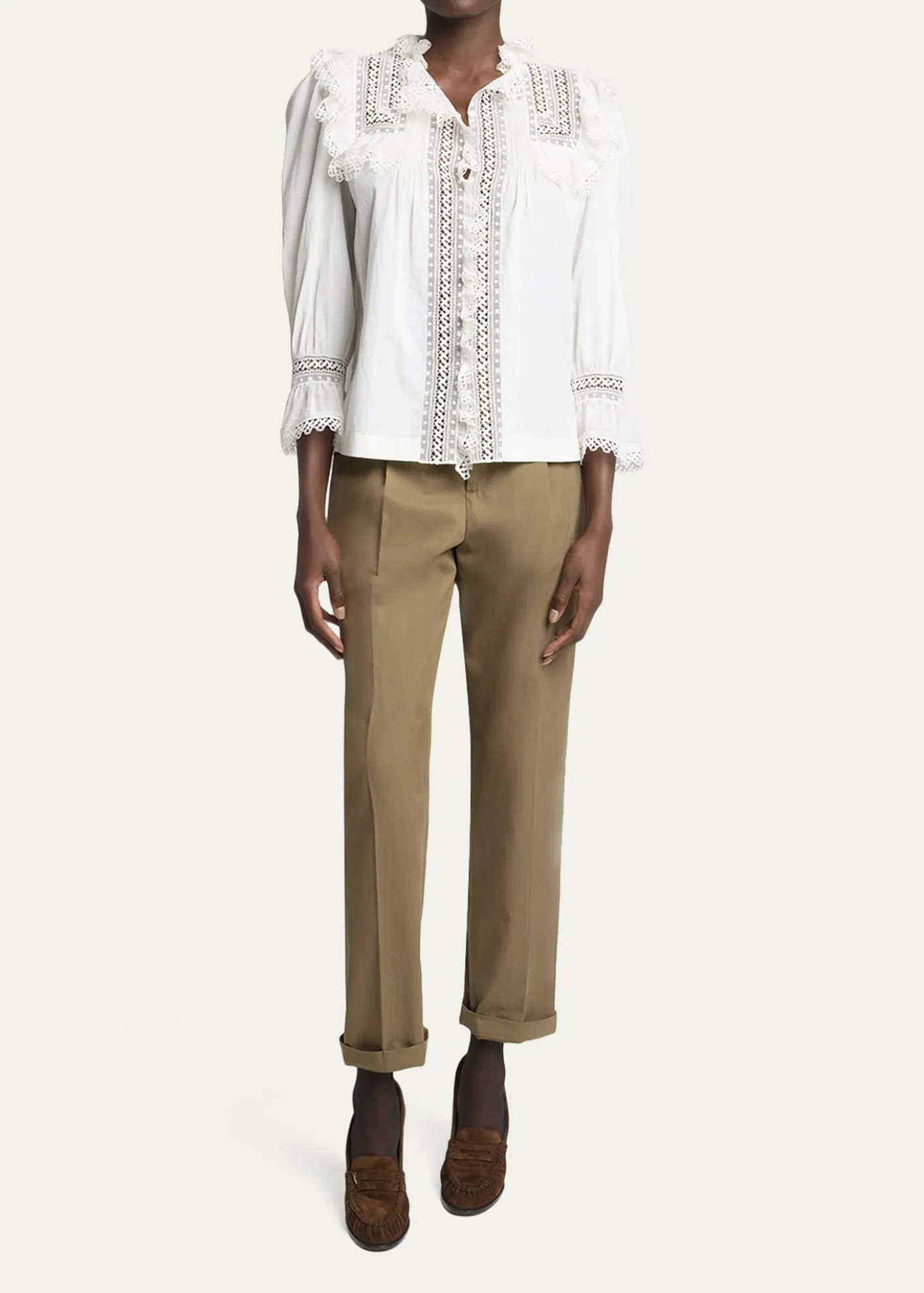 Saint LaurentLace-Yoke Ruffle Poplin Blouse