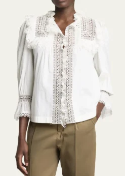 Saint LaurentLace-Yoke Ruffle Poplin Blouse