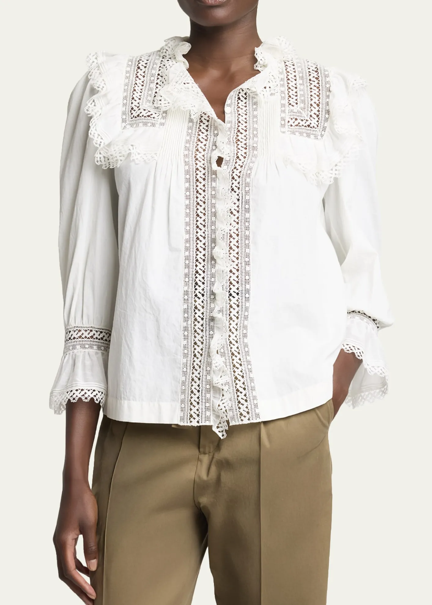 Saint LaurentLace-Yoke Ruffle Poplin Blouse