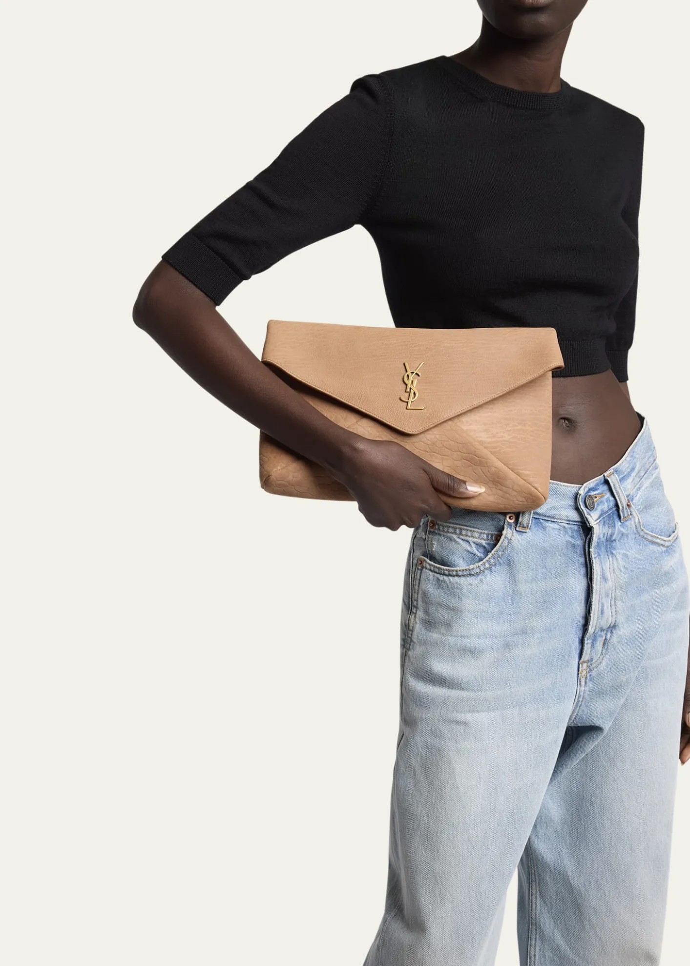 Saint LaurentLarge YSL Envelope Pouch Clutch Bag in Pebbled Leather