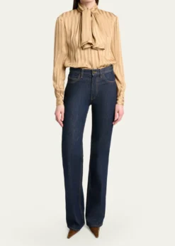 Saint LaurentLavalliere Striped Silk Long-Sleeve Blouse