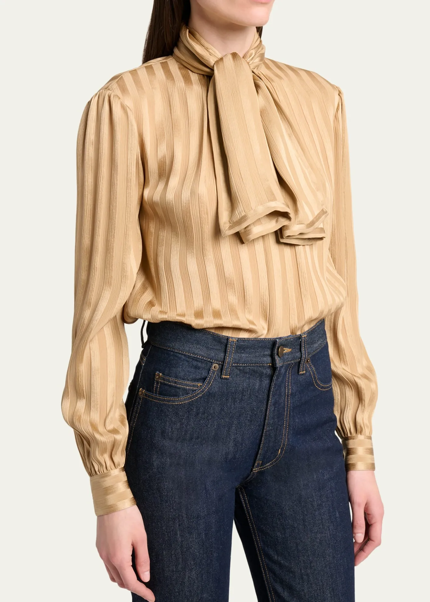 Saint LaurentLavalliere Striped Silk Long-Sleeve Blouse