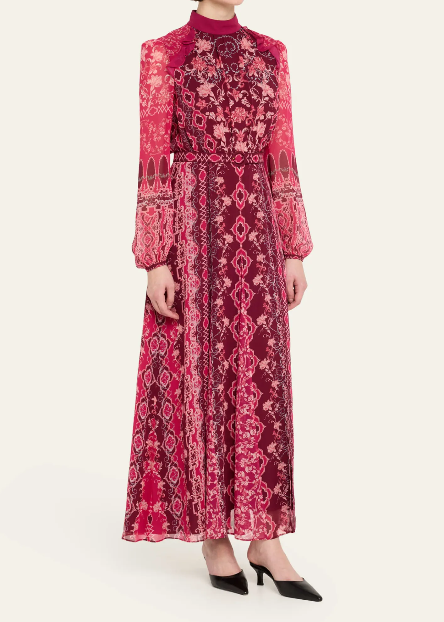 SaloniJacqui-B Belted Floral Silk Midi Dress