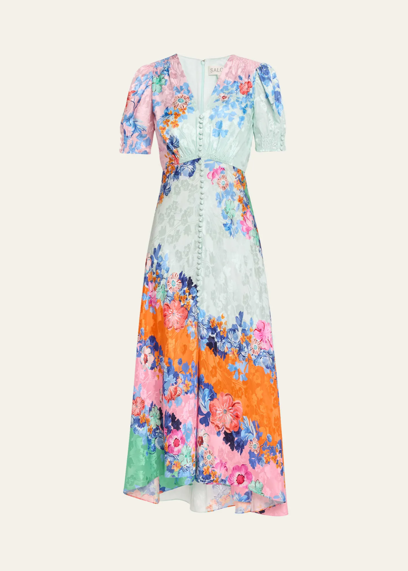 SaloniLea Floral Silk Jacquard Button-Front Midi Dress