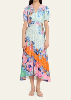SaloniLea Floral Silk Jacquard Button-Front Midi Dress