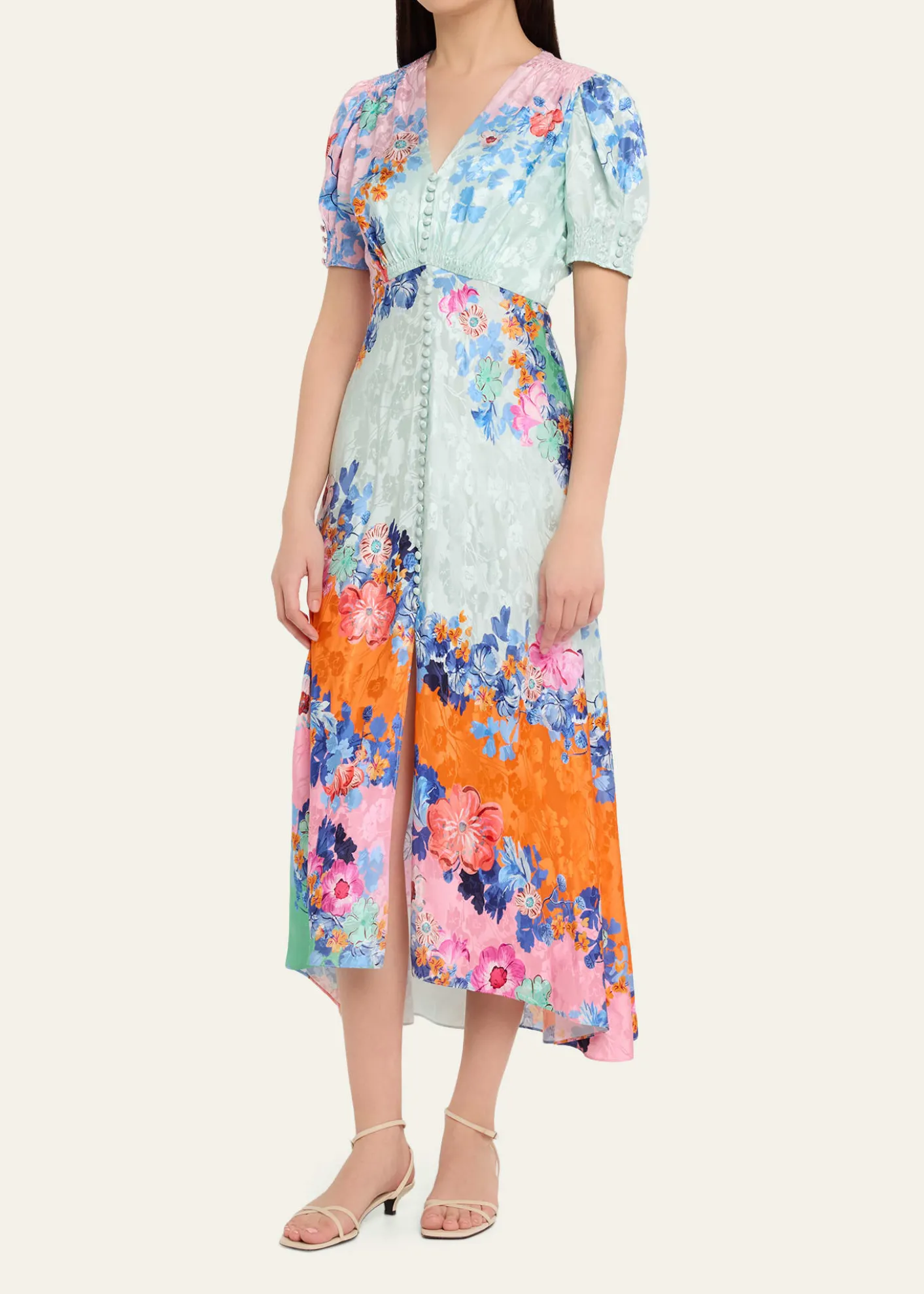 SaloniLea Floral Silk Jacquard Button-Front Midi Dress