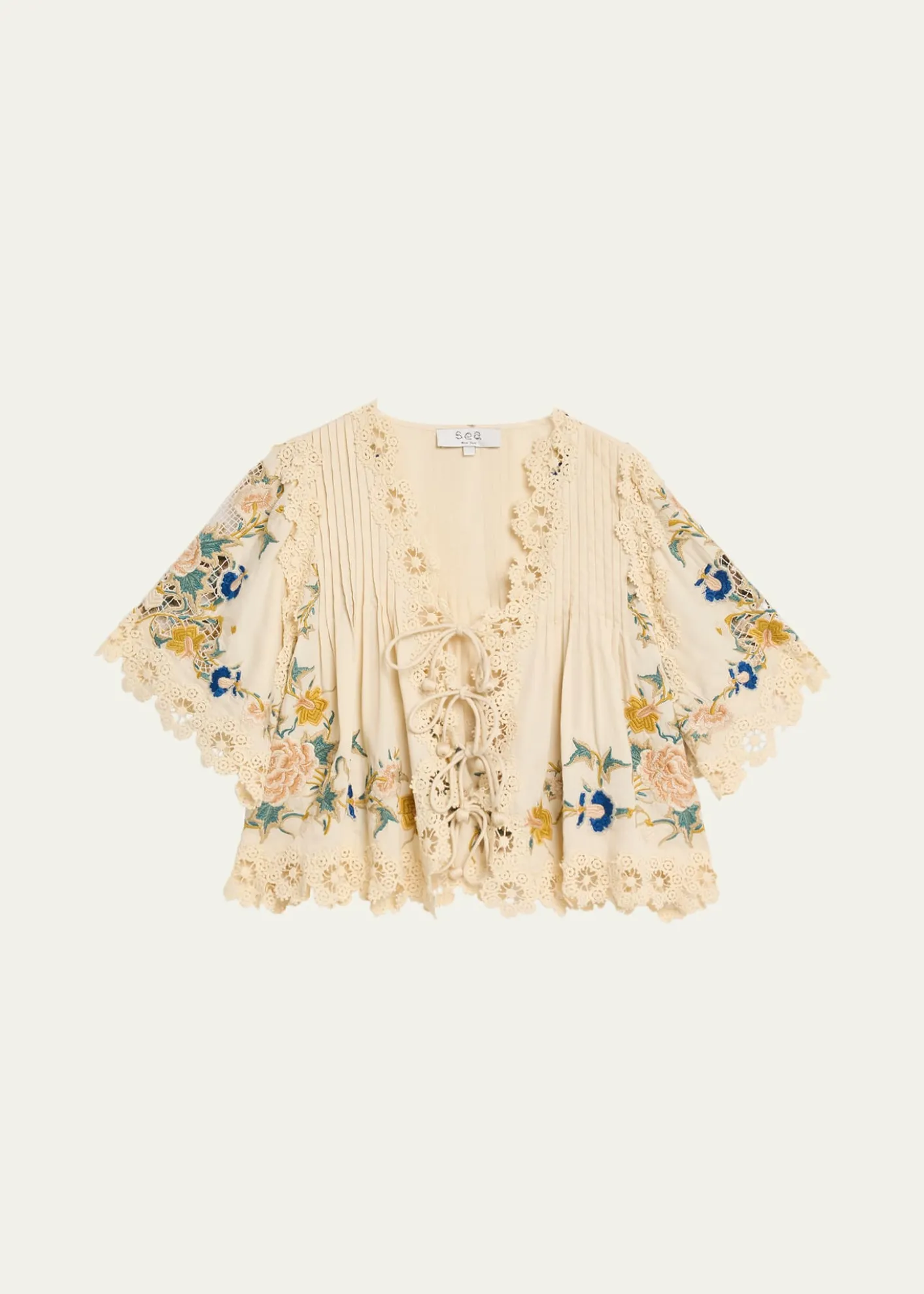 SeaAdonna Embroidered Tie-Front Top