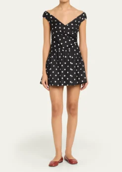 Self-PortraitPolka-Dot Gathered Off-Shoulder Mini Dress