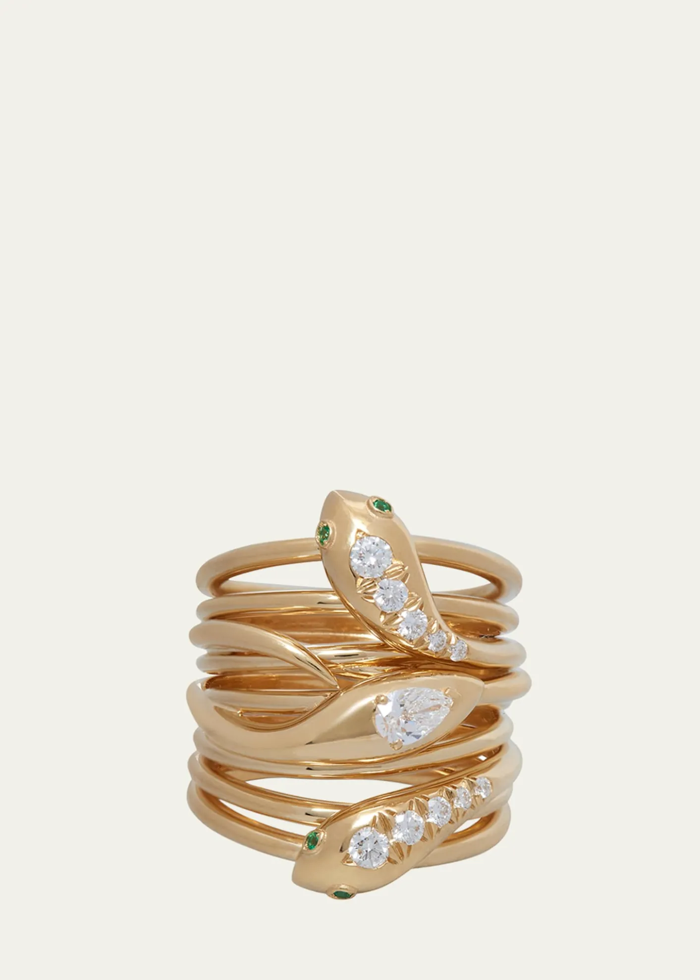 Sidney Garber18K Yellow Gold Serpentine Ring with Diamonds and Emeralds