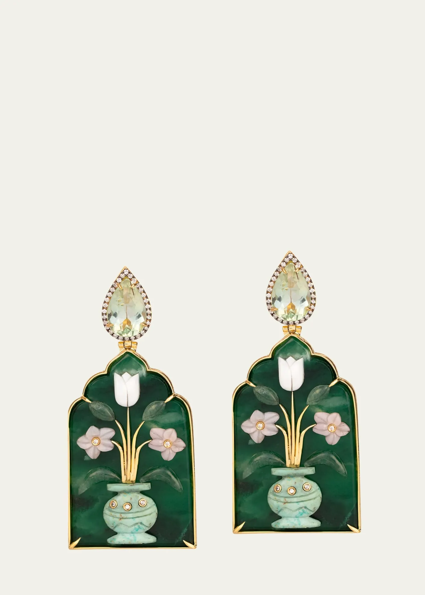 Silvia Furmanovich18K Yellow Gold Window Shape Malachite Earrings with Mother Of Pearl, Pink Opal, Chrysocolla, Diamonds and Prasiolite