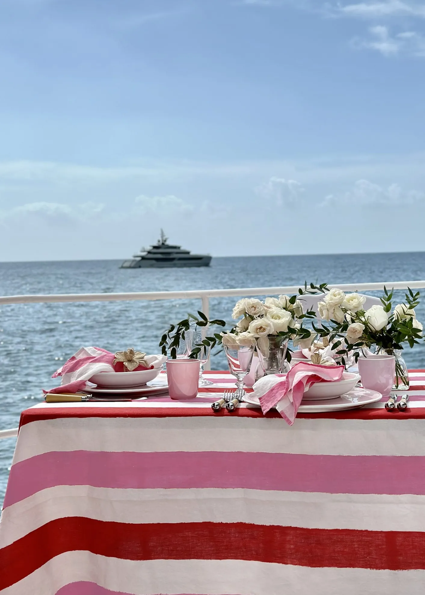 SUMMERILL & BISHOPRaspberry/Rose Pink Stripe Linen Tablecloth, 65" x 98"
