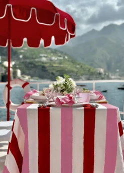 SUMMERILL & BISHOPRaspberry/Rose Pink Stripe Linen Tablecloth, 65