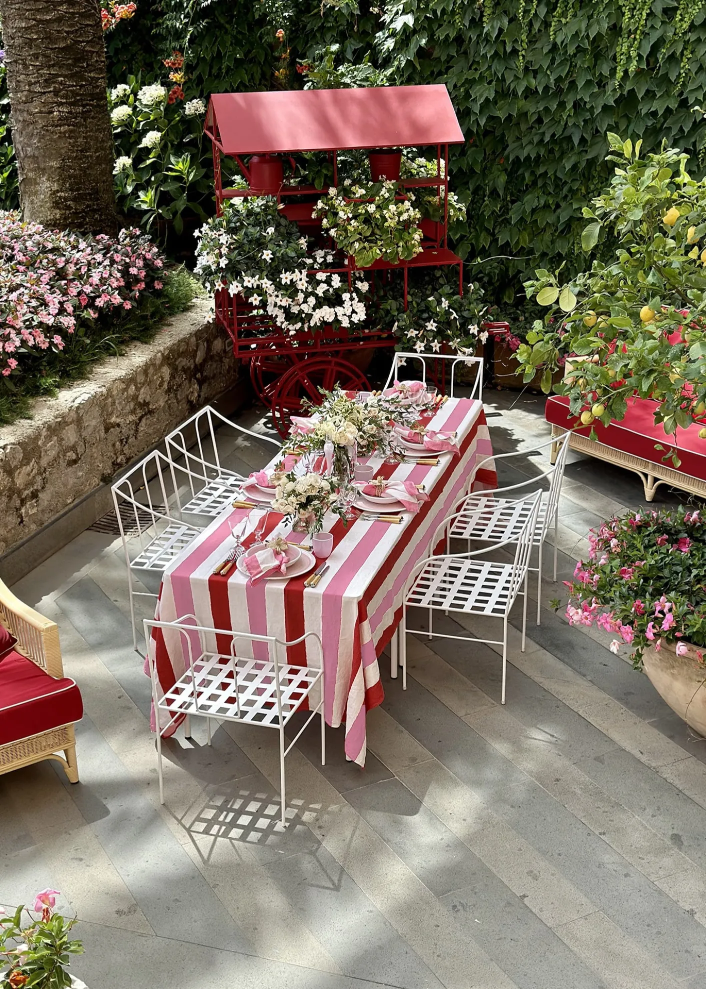 SUMMERILL & BISHOPRaspberry/Rose Pink Stripe Linen Tablecloth, 65" x 98"
