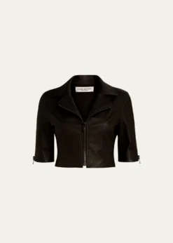 Susan BenderShort-Sleeve Cropped Leather Moto Jacket