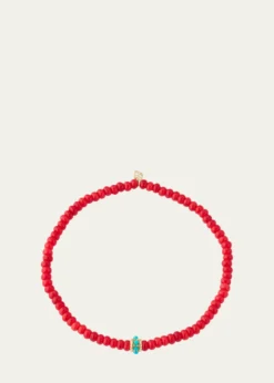 Sydney EvanGold and Turquoise Scallop Rondelle on Red Bamboo Coral Bracelet